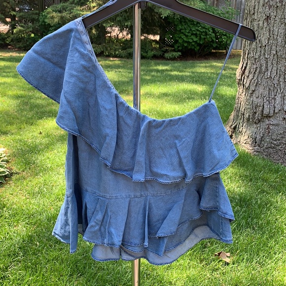 Denim one shoulder ruffle top - Picture 4 of 4